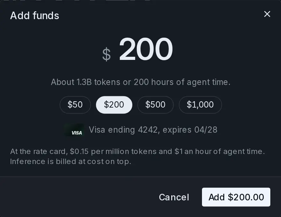 The Add funds dialog with $200 chosen and the saved Visa card shown.