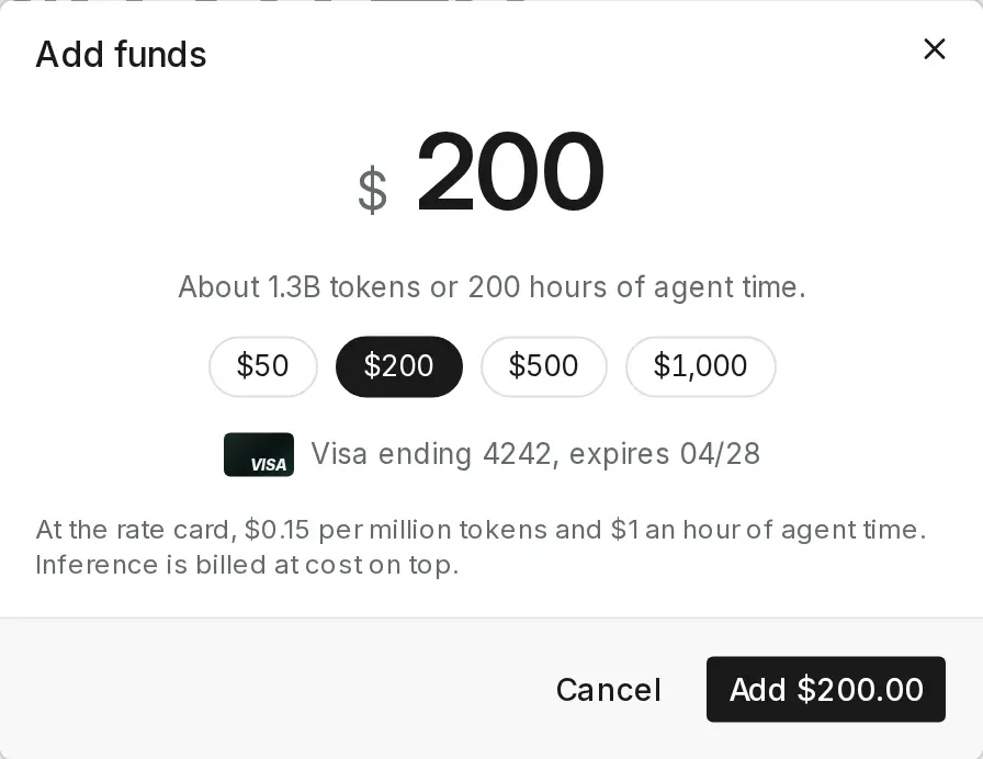 The Add funds dialog with $200 chosen and the saved Visa card shown.