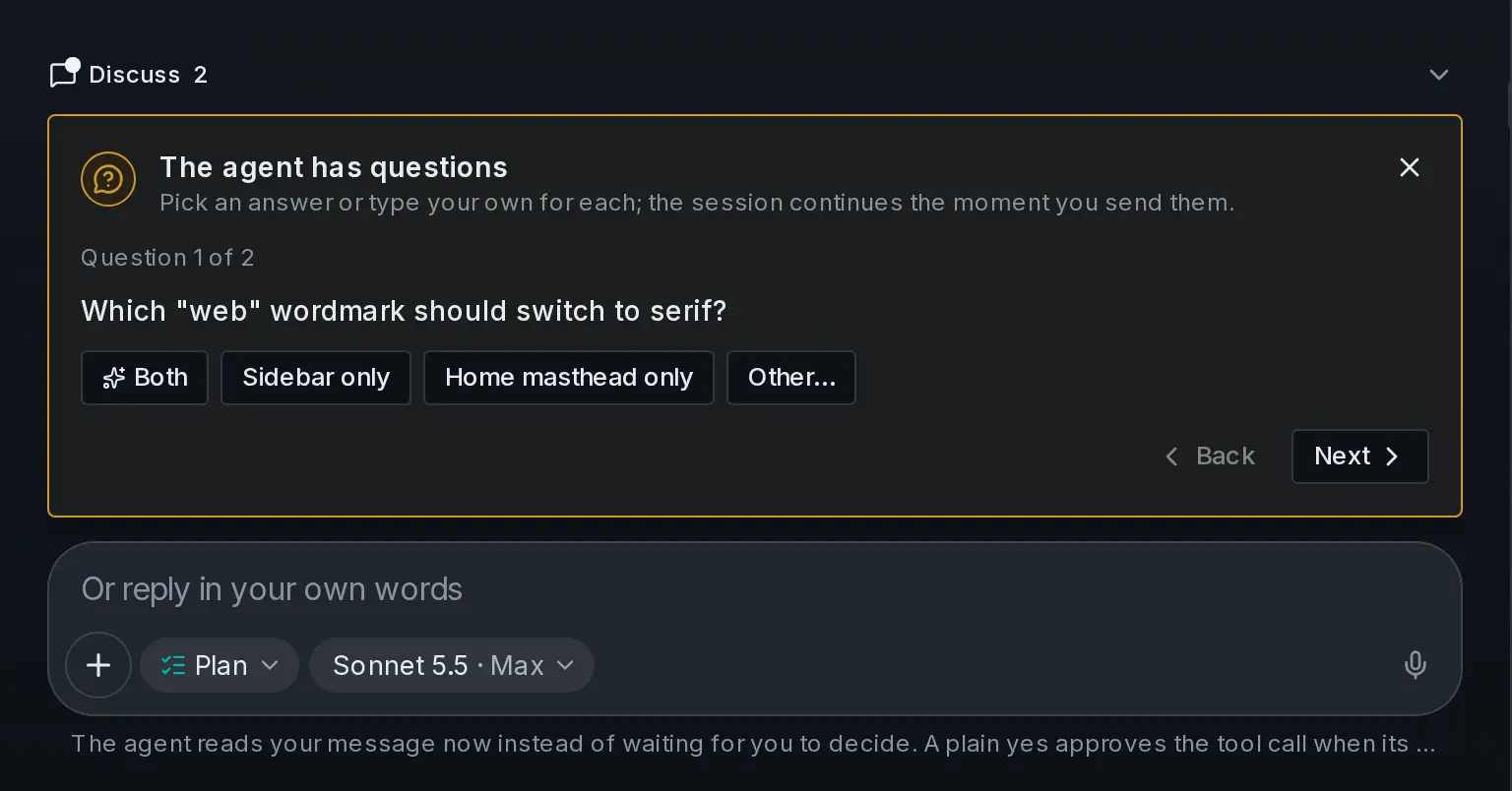 The agent asking which wordmark to change, with answer buttons and Next.