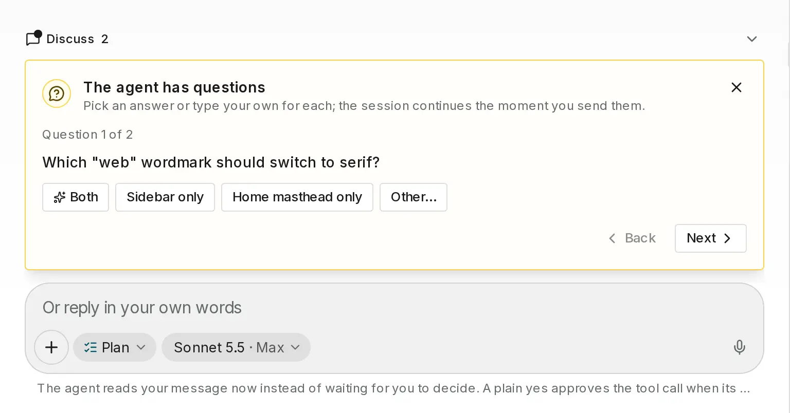 The agent asking which wordmark to change, with answer buttons and Next.