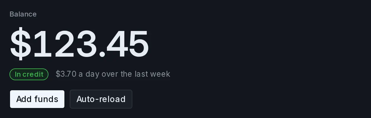 The Billing overview with a balance, and the Add funds and Auto-reload buttons.