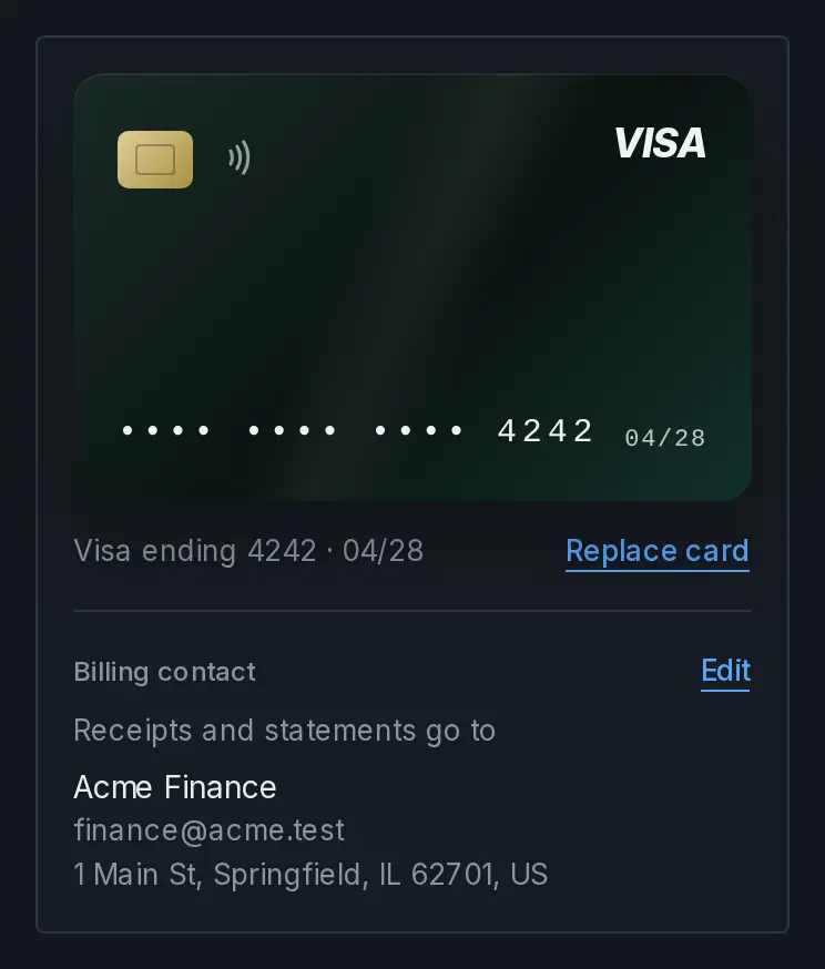 The card on file and the Billing contact panel.