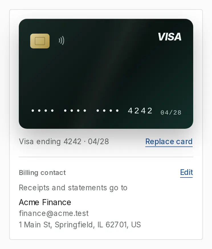 The card on file and the Billing contact panel.