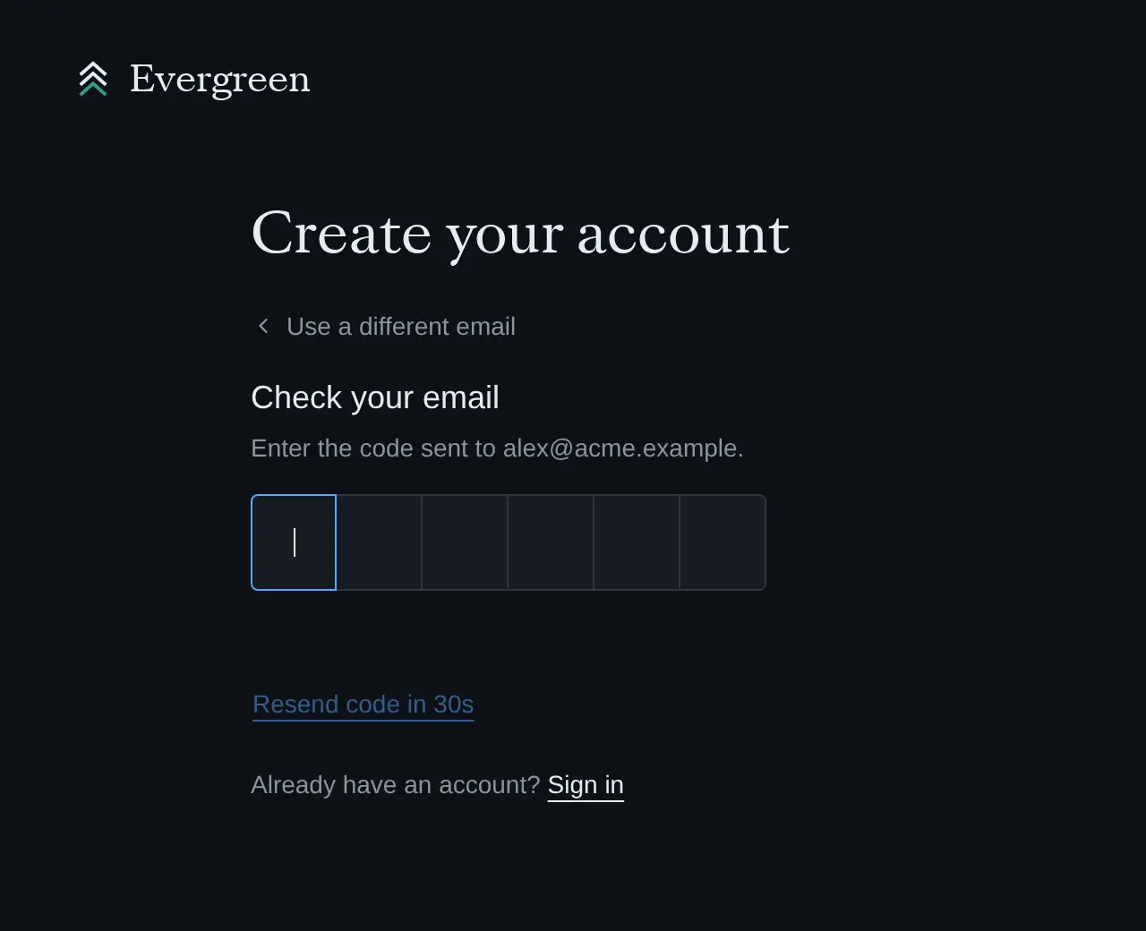 The Check your email screen with six boxes for the code.