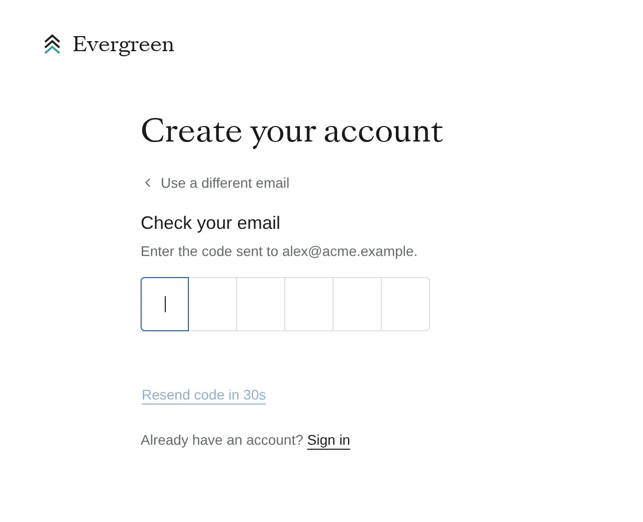The Check your email screen with six boxes for the code.