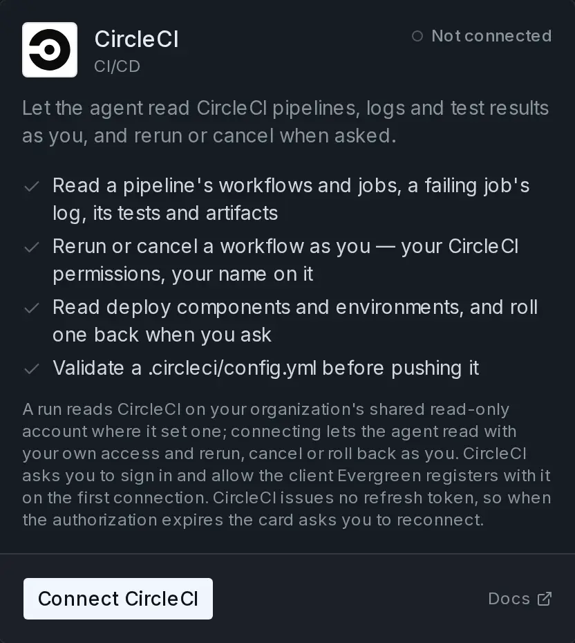 The CircleCI card, not connected, listing what the agent can do and a Connect CircleCI button.