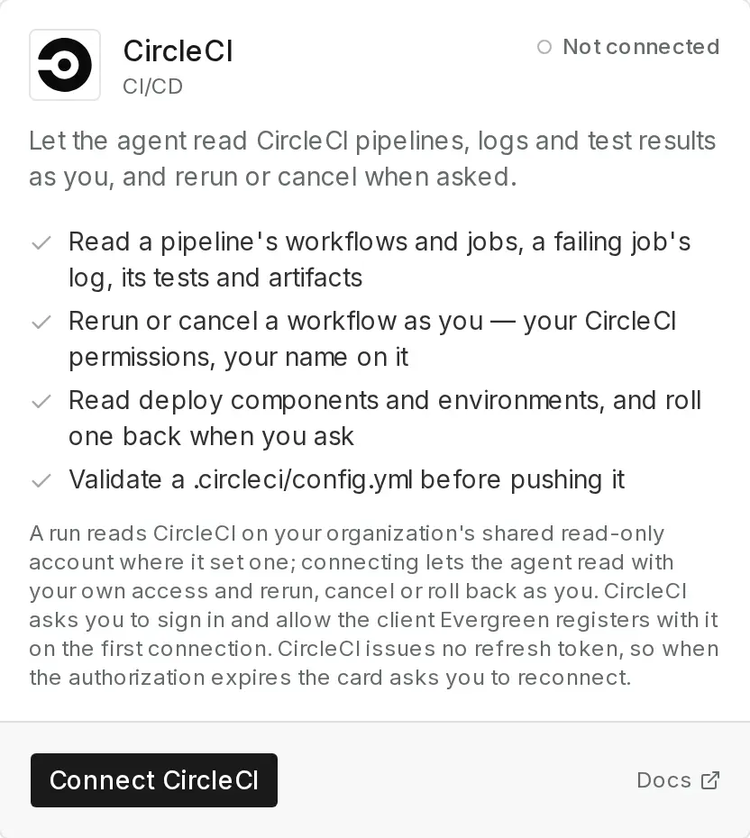 The CircleCI card, not connected, listing what the agent can do and a Connect CircleCI button.