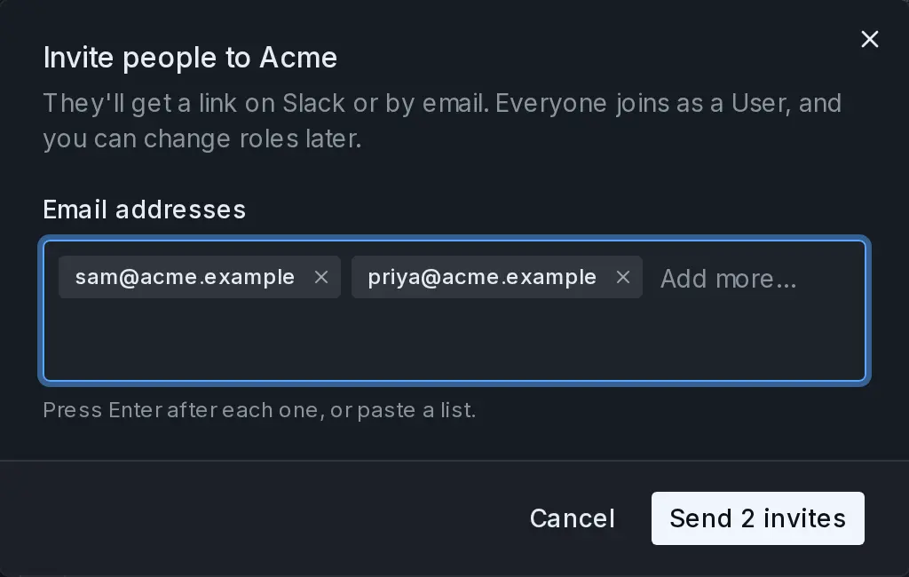 The Invite people dialog with two addresses added and a Send 2 invites button.
