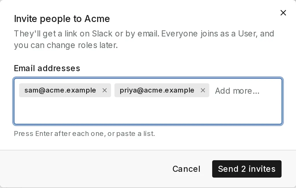 The Invite people dialog with two addresses added and a Send 2 invites button.