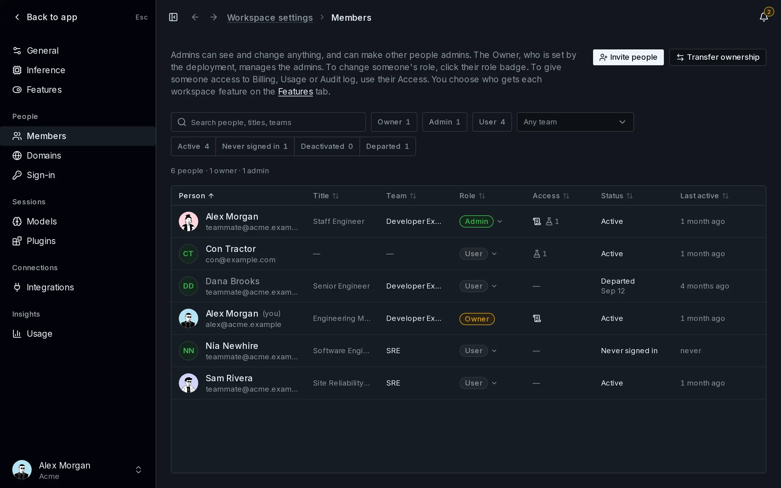 The Members page with a table of people and the Invite people button.