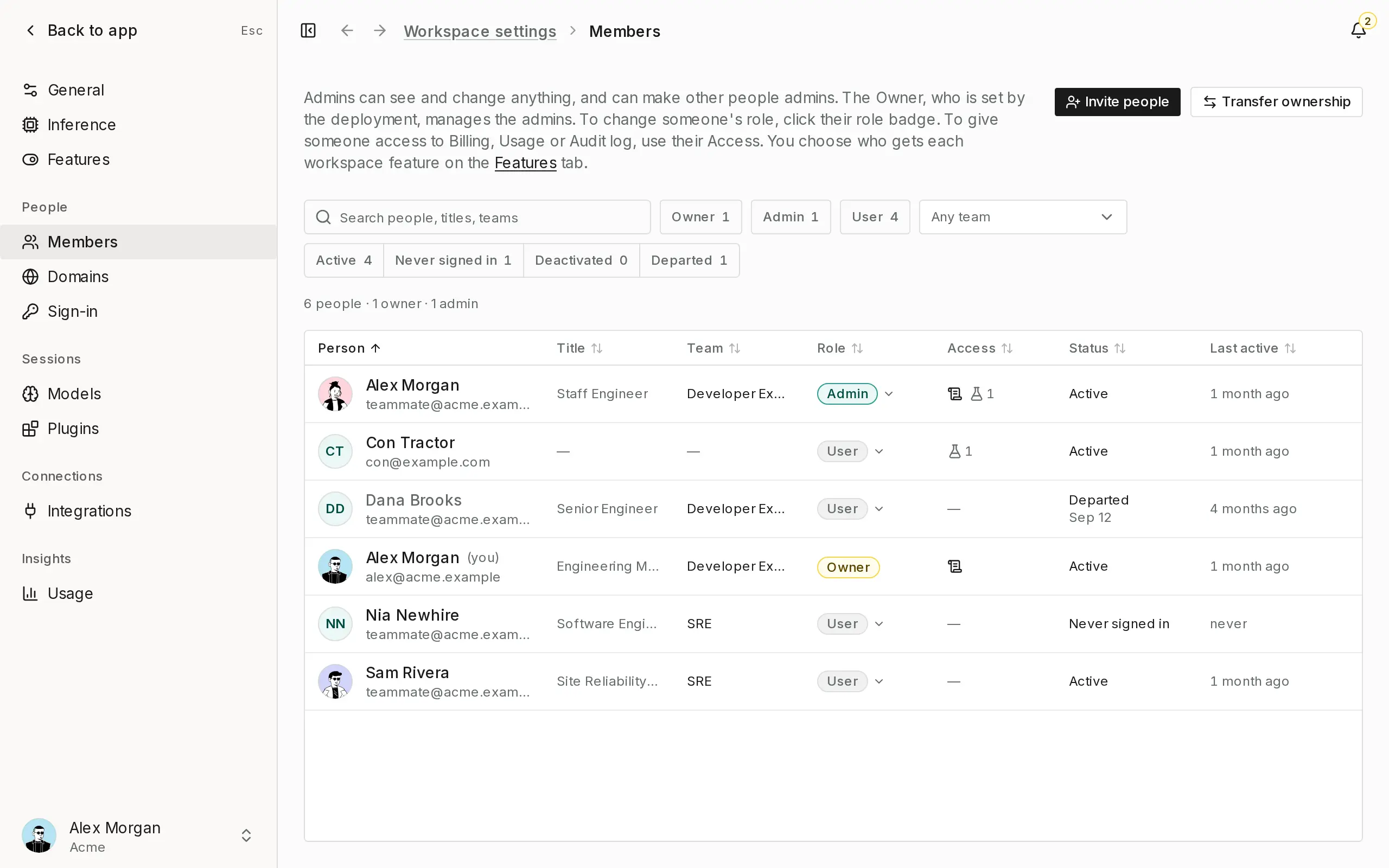 The Members page with a table of people and the Invite people button.