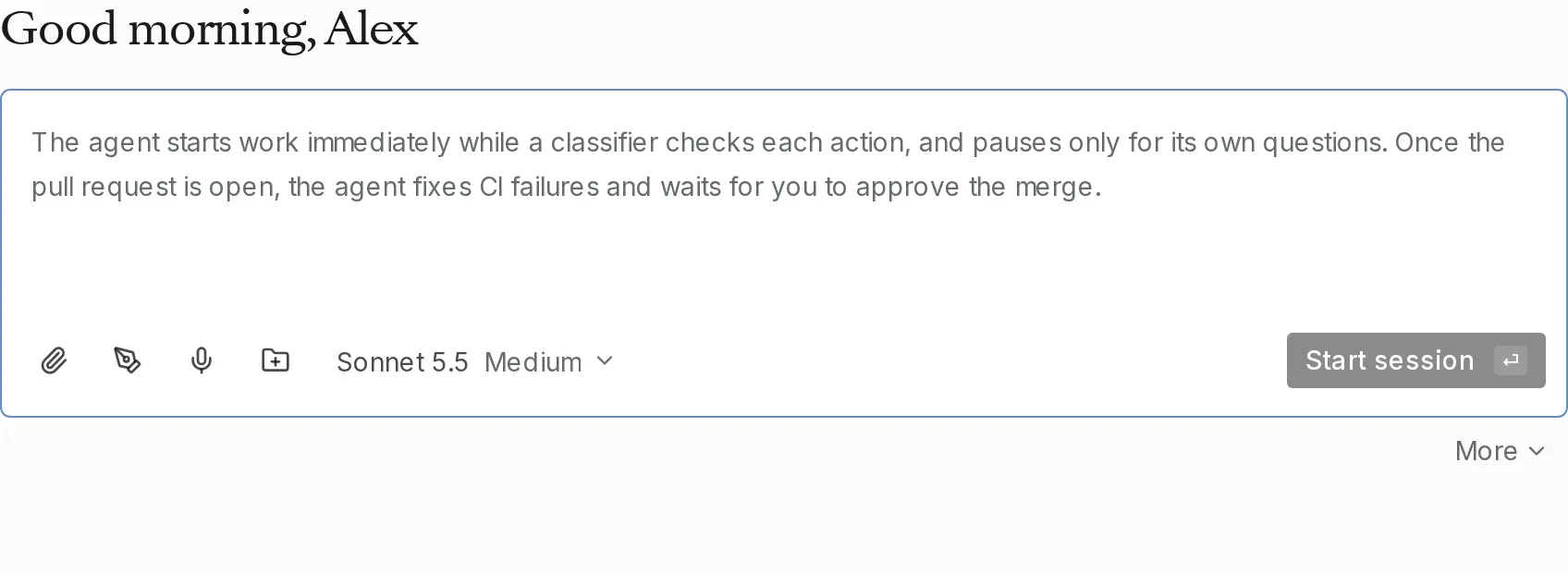 The brief box on the New page, with the Start session button.