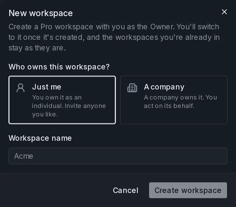 The New workspace dialog with Just me, A company, and a Workspace name field.