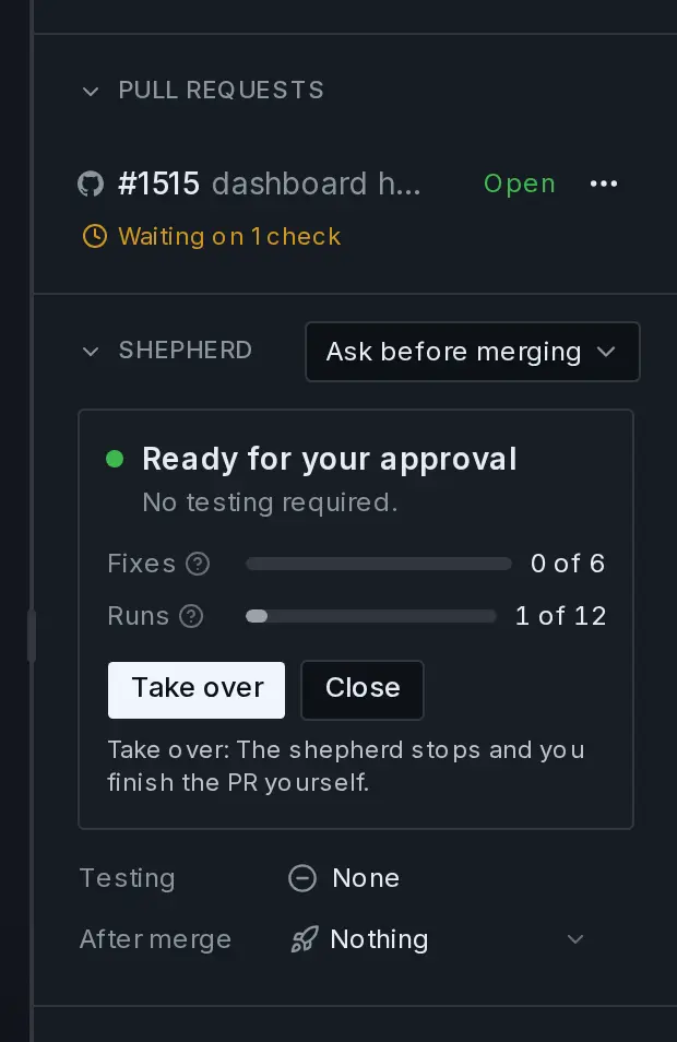 The session sidebar with an open pull request waiting on one check, and the Shepherd section.