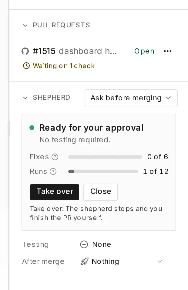 The session sidebar with an open pull request waiting on one check, and the Shepherd section.