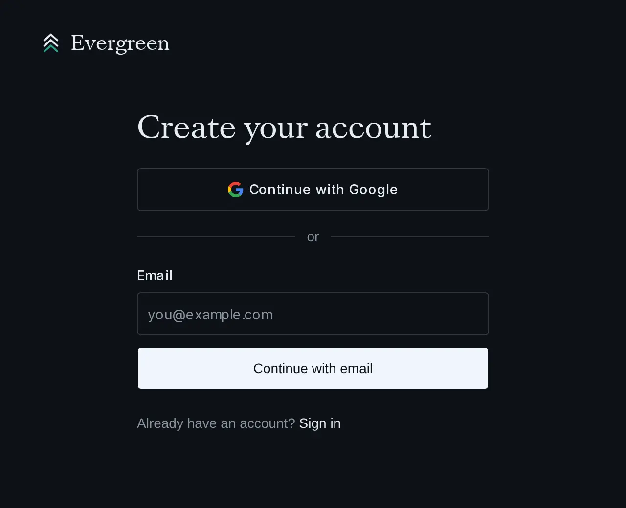 The Create your account screen with Continue with Google and an email field.