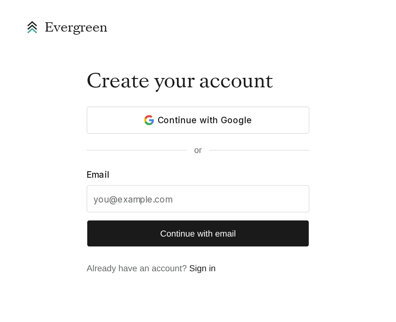 The Create your account screen with Continue with Google and an email field.