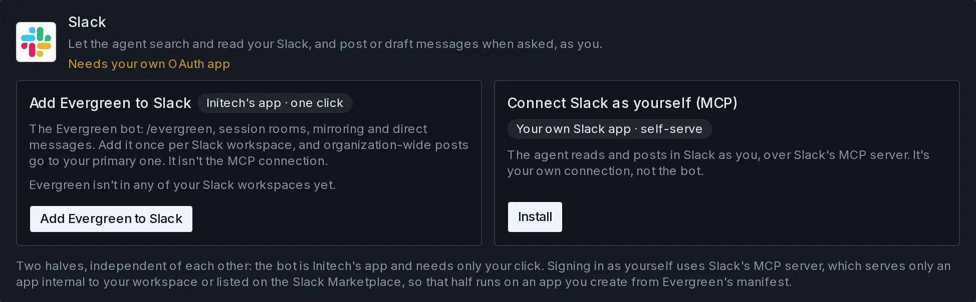 The Slack row of the integrations list, its left half Add Evergreen to Slack with no Slack workspaces yet.