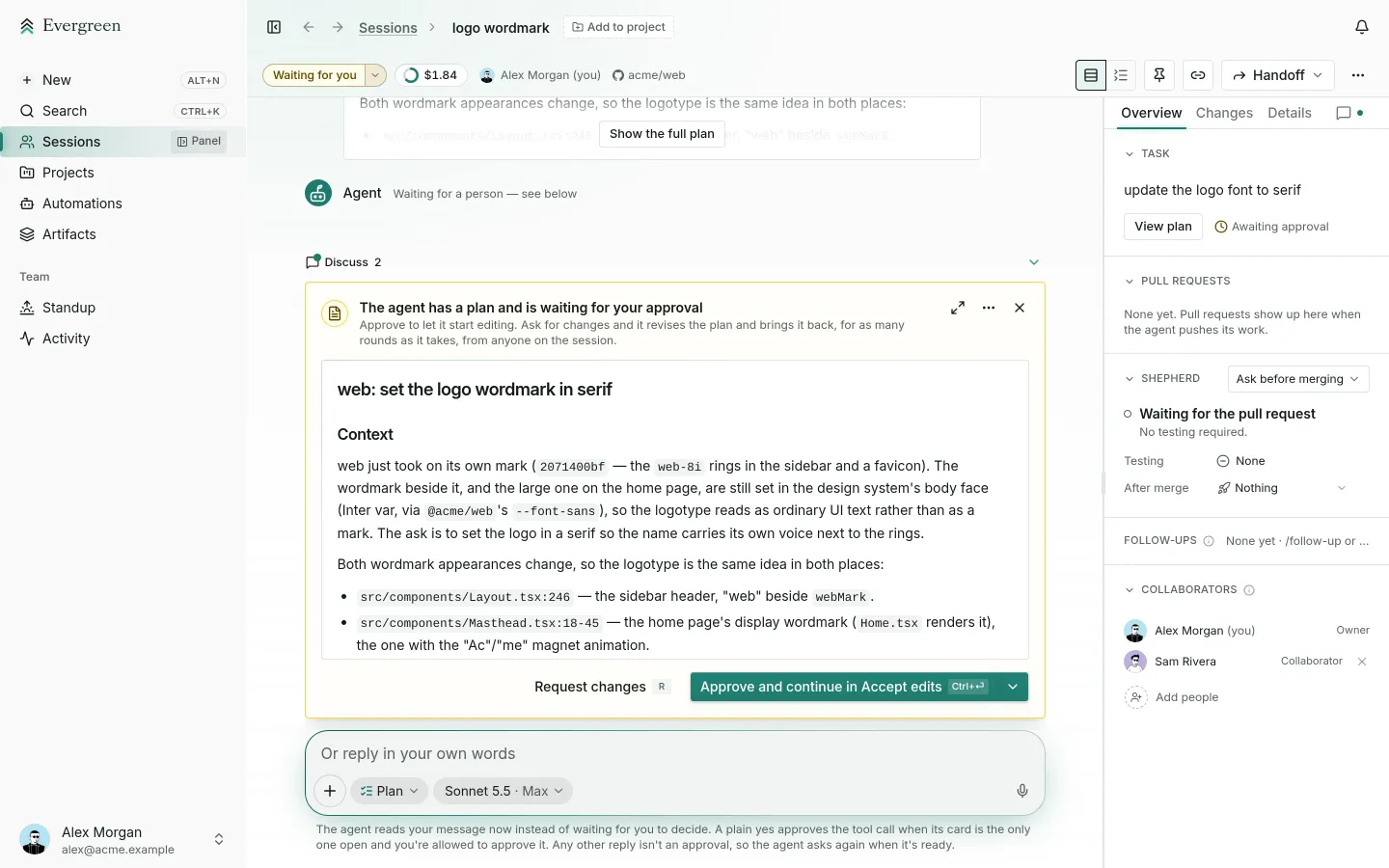 An Evergreen session on the web with the agent's plan waiting for approval.