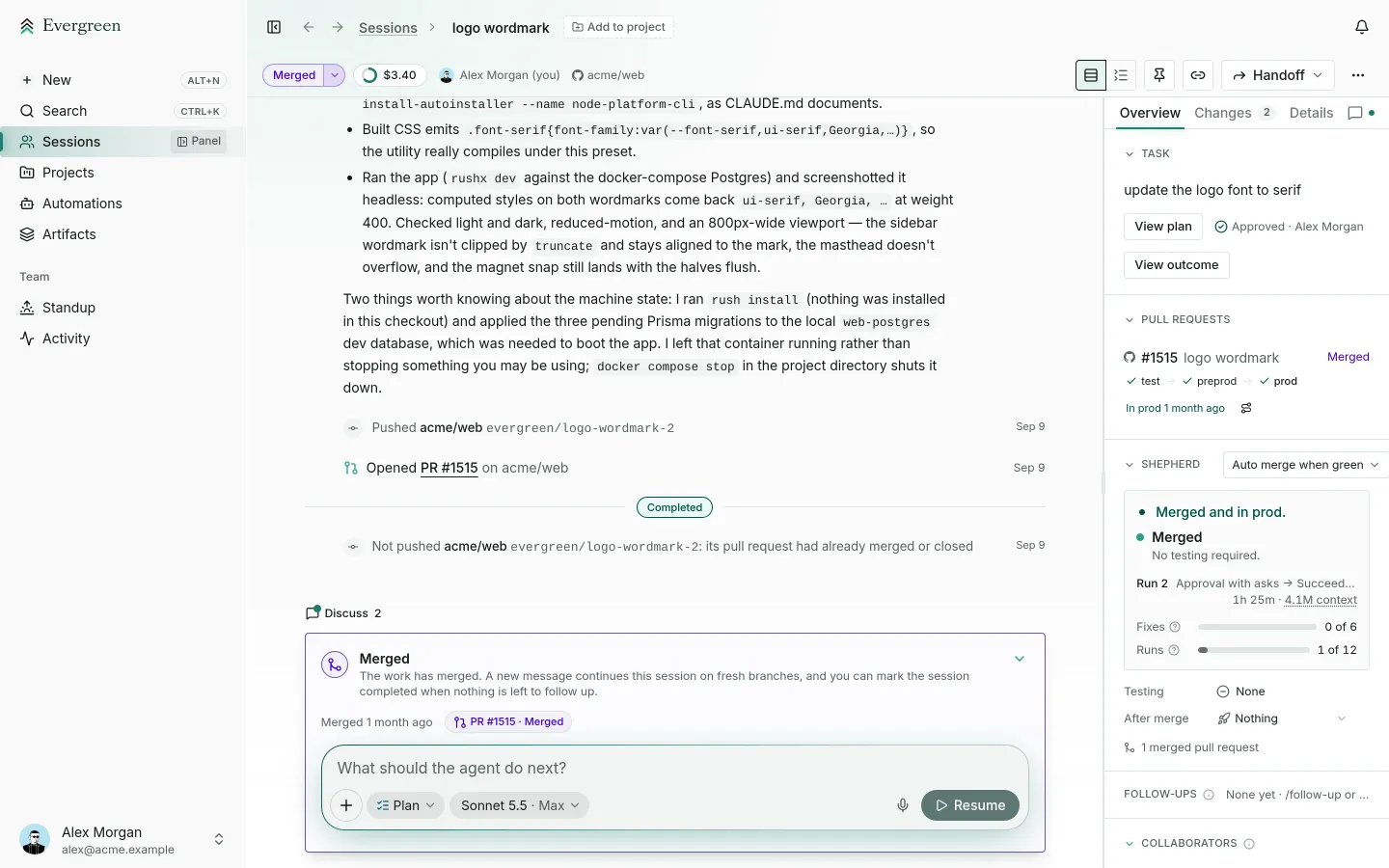 An Evergreen session whose pull request is merged and live in production.