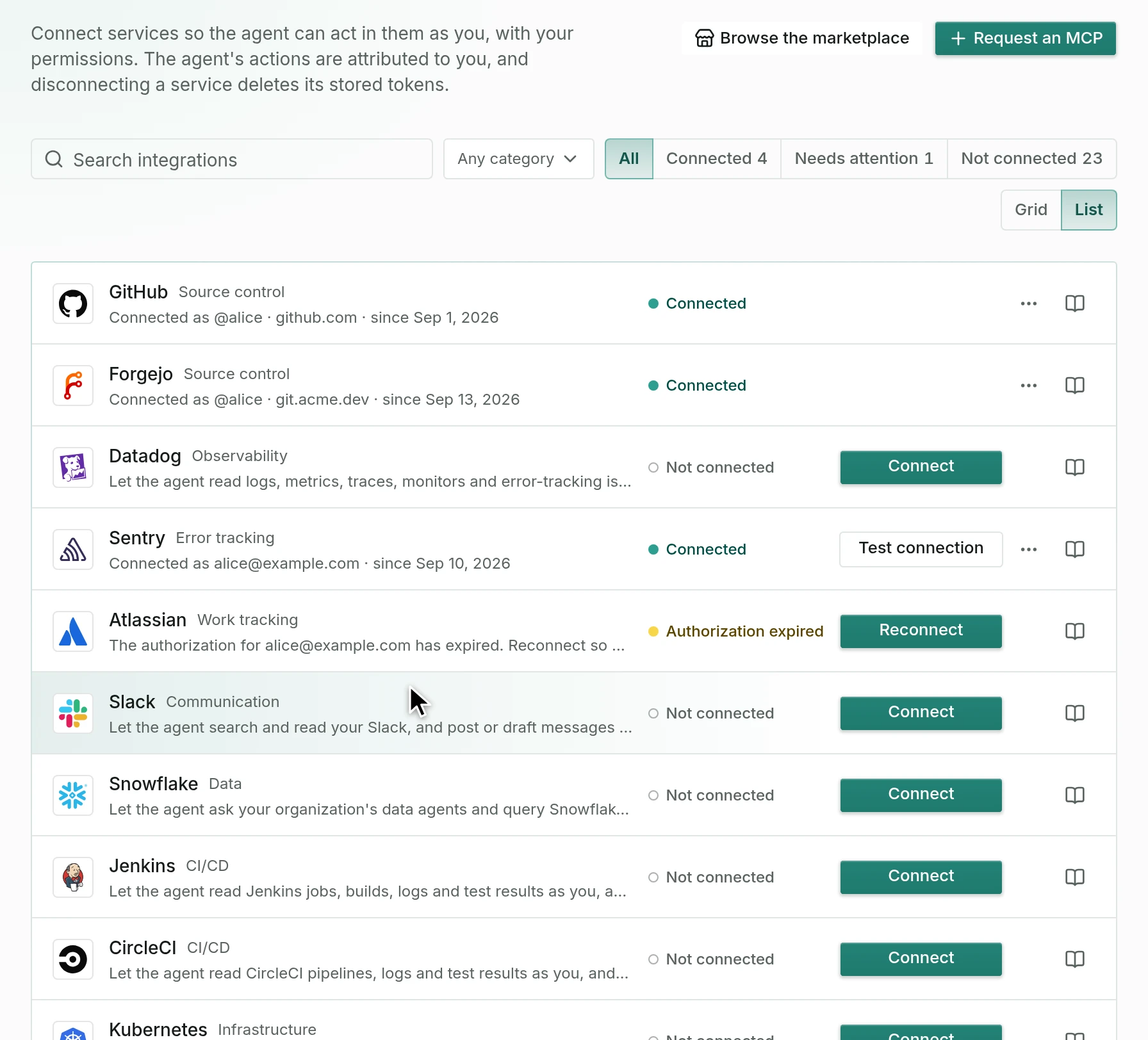 The Integrations settings, with GitHub, Forgejo, Datadog, Sentry, Atlassian, Slack, and more, each showing whether it’s connected.