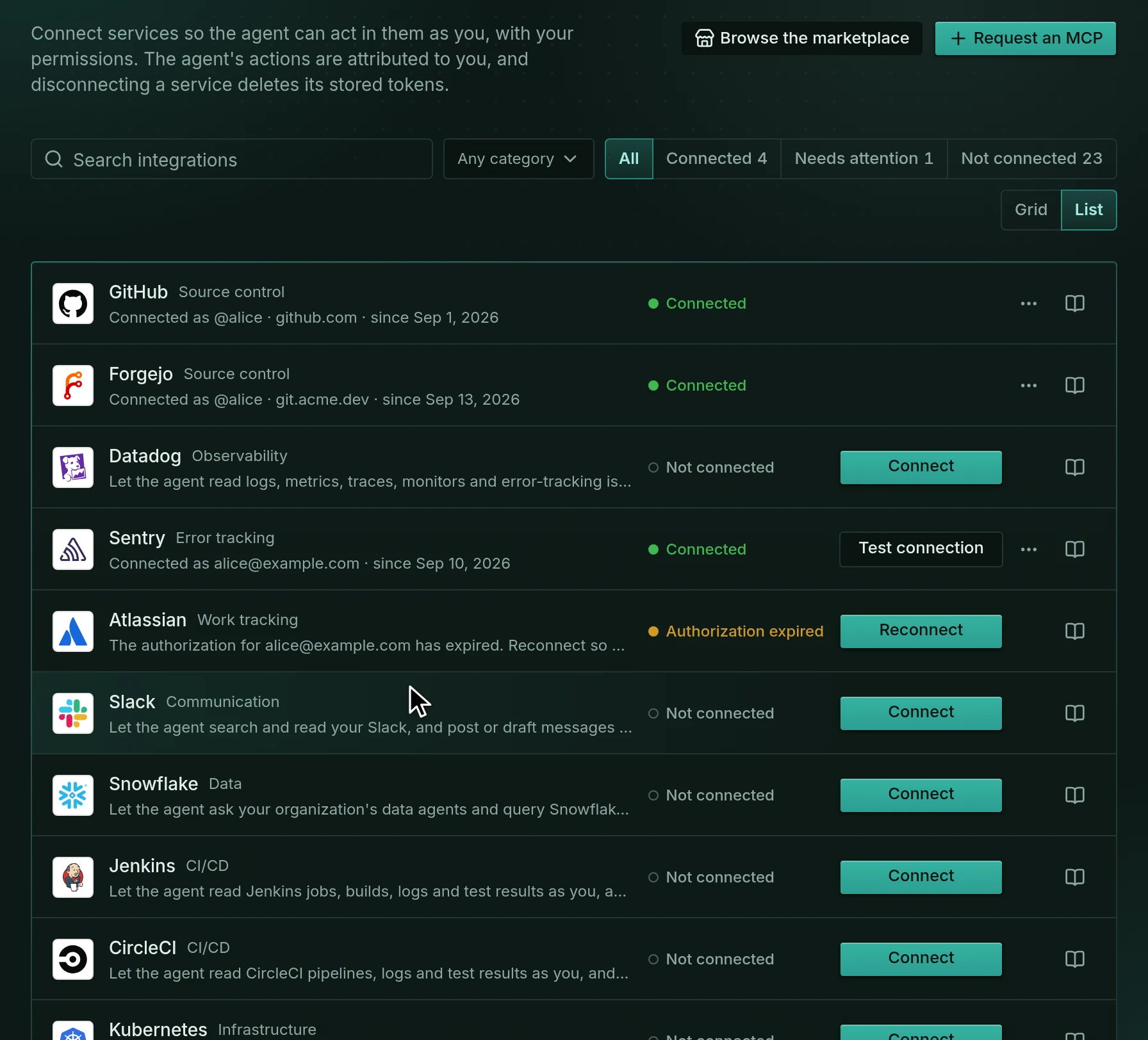 The Integrations settings, with GitHub, Forgejo, Datadog, Sentry, Atlassian, Slack, and more, each showing whether it’s connected.