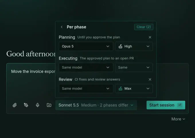The new session box with its model menu open on Per phase, which sets a model and effort for planning, executing, and review.
