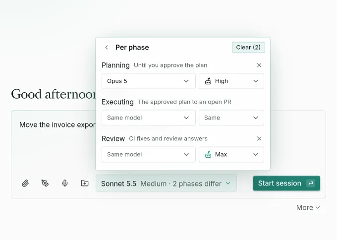 The new session box with its model menu open on Per phase, which sets a model and effort for planning, executing, and review.