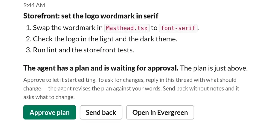 A Slack thread with its plan card.