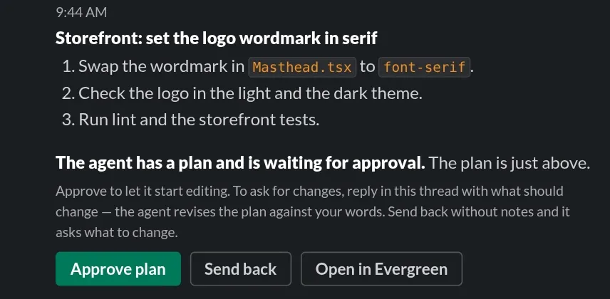 A Slack thread with its plan card.