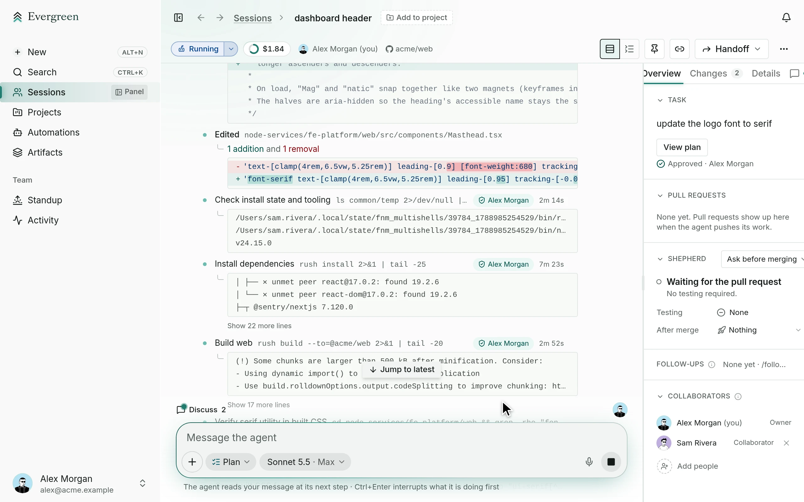 The web session page.