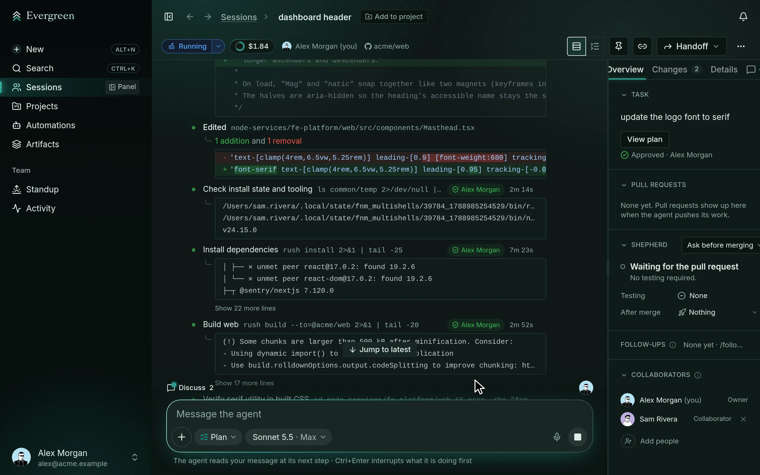 The web session page.