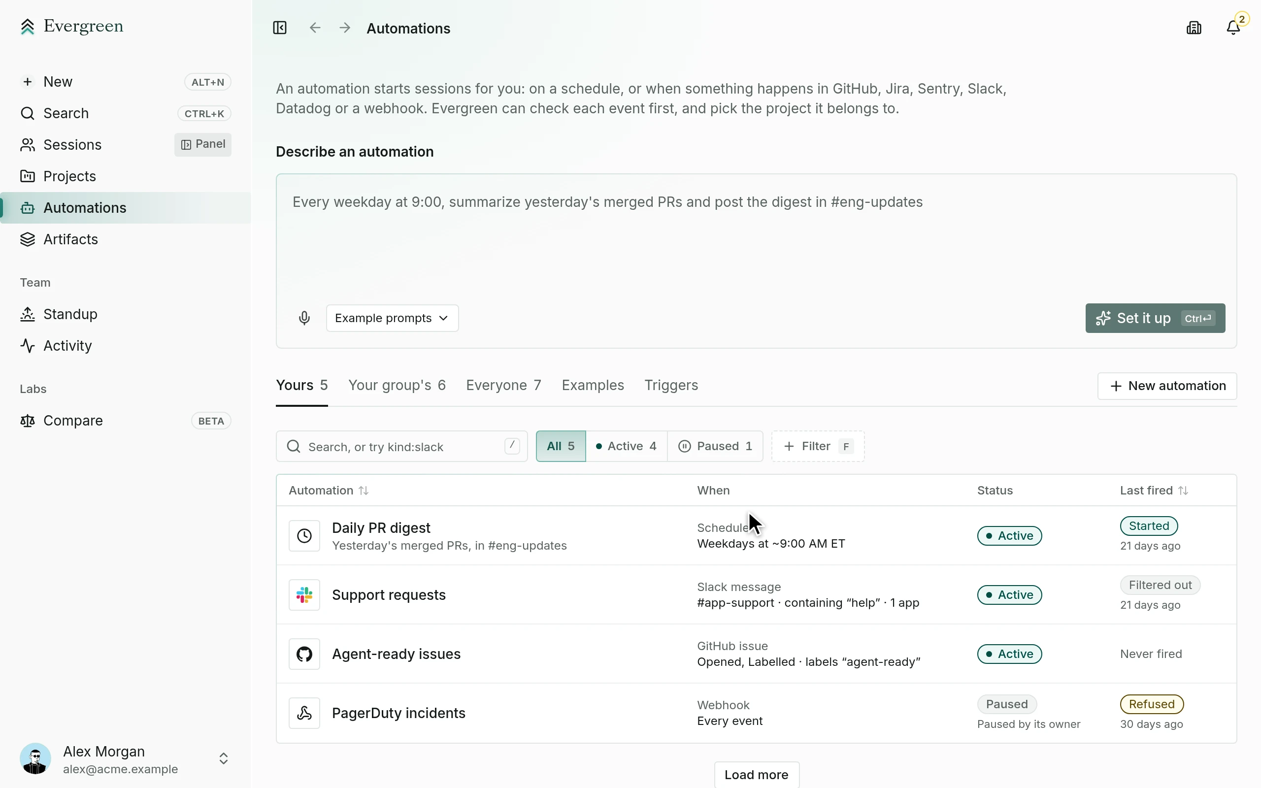 The Automations page, with a box to describe an automation over a list of them started by a schedule, Slack, GitHub, and a webhook.