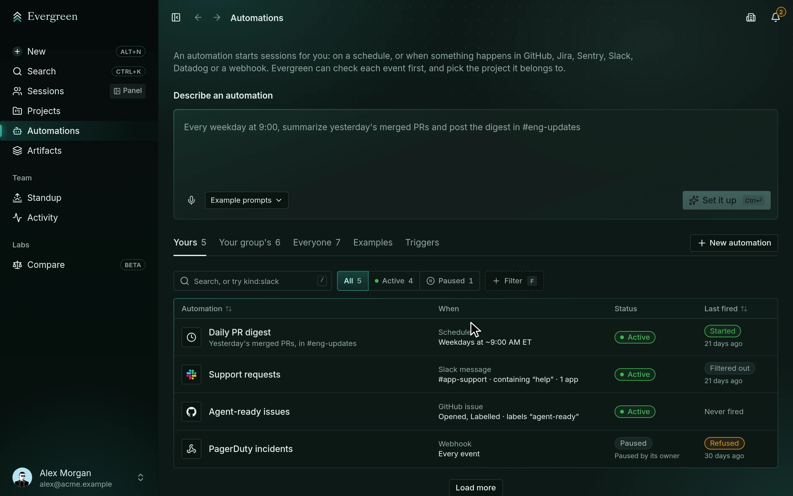 The Automations page, with a box to describe an automation over a list of them started by a schedule, Slack, GitHub, and a webhook.